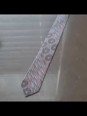 80s Sabina Men's Gray Blue Pink Striped Woven Polyester Skinny  Necktie